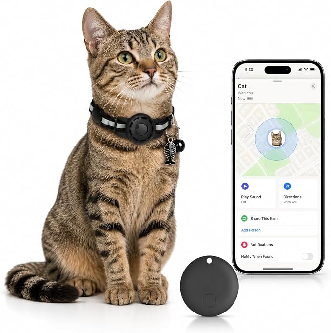 Cat GPS Tracker Collar, Pet Tracker for Cats (iOS Only), Waterproof Smart Tag Compatible with Apple Find My, No Monthly Fee, Tracking Collar for Small Large Cats (Tracker for cat)