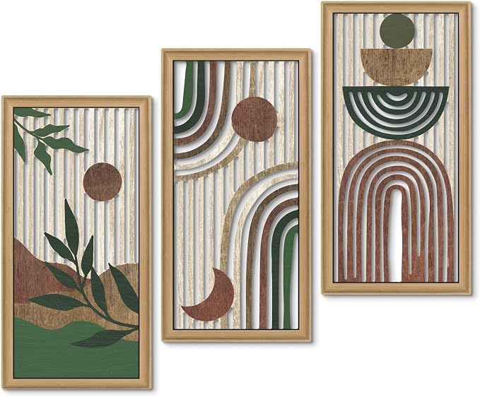 Putuo Decor Boho Wall Art Set of 3 Modern Minimalist Wooden Wall Decor Abstract Earth Tone Room Decorations Mid Century Artwork for Living Room Bedroom Office in Earthwood Canyon 16.5 x 8.6 Inch