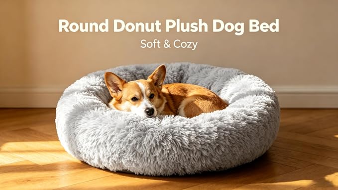 Calming Large Donut Dog and Cat Bed, Anti-Anxiety Round Soft Fluffy Plush Faux Fur Washable Anti-Slip Pet Bed for Medium Dogs Up to 35 lbs 28in Gray