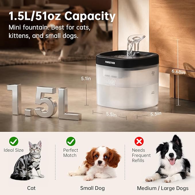 PAWGETHER® Cat Water Fountain with Wireless Pump 51oz/1.5L Dog Water Fountain, Ultra Quiet Automatic Pet Water Fountain Portable Indoor Outdoor Travel Small Dog Water Dispenser with Adapter Black