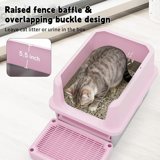 RIZZARI Cat Litter Box Anti-Scatter: Open-Room for Large Cats & Multi-Home | Odor-Free Steel Pan / Paw-Massage Entry Trap / Raised Anti-Spill Edges / Fits Maine Coon & 2+ Cats / Easy-Scoop Open View