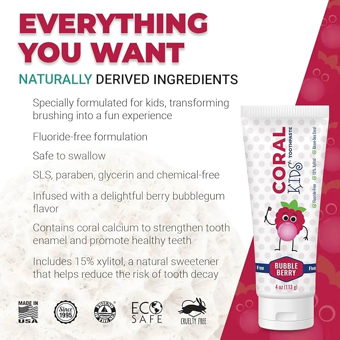 Coral White Kids Bubble Berry Fluoride Free Toothpaste - 4 Ounces (2 Pack)