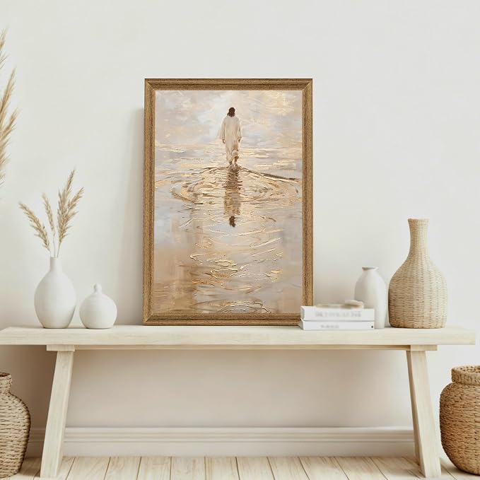 Fantasy Artists Christian Wall Art – Jesus Walking on Water Inspirational Painting, Warm Gold Faith Artwork for Home & Prayer Room, Religious Decor Symbolizing Hope, Trust & Divine Strength, 20W X 30H