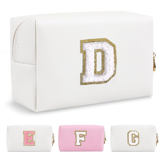 Small Personalized Initial A-Z Preppy Patch Makeup Bag,White PU Chenille Letter Travel Cosmetic Pouch with Zipper,Cute Toiletry Bag,Gift Ideal for Teen Girls Women Teacher Bridesmaid,Letter D