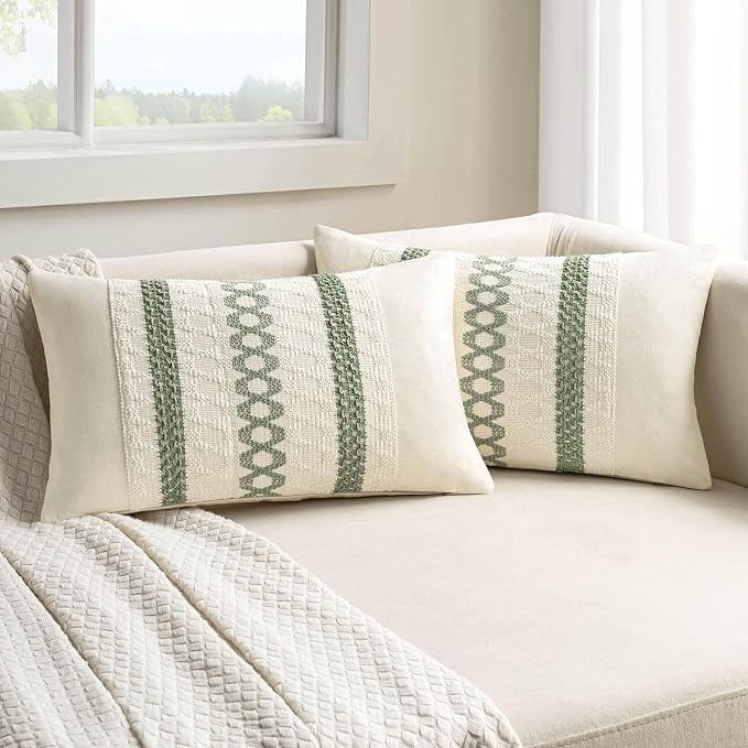MIULEE Set of 2 Sage Green Boho Decorative Lumbar Pillow Covers 12x24 Inch | Farmhouse Couch Throw Pillows, Modern Cotton Cushion Covers, Macrame Woven Spring Home Decor for Bed Sofa Chair