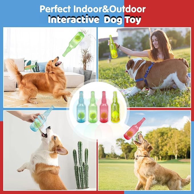 Tennis Ball in Bottle Dog Toy [2025 New Upgrade] Reinforced and Thickened Rubber Bottle Dog Chew Toy with Ball Squeaky Fetch Toy Tough (Red, Large)