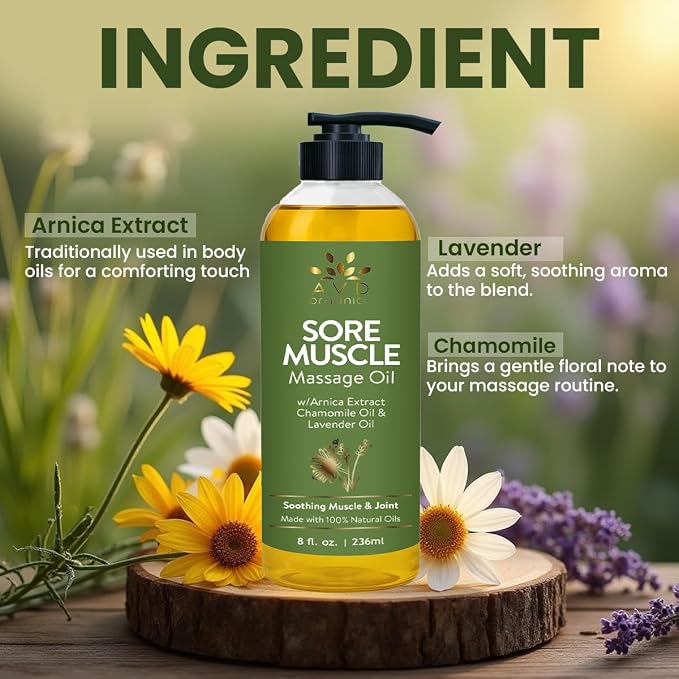 AVD Organics Sore Muscle Massage Oil 236 ml | Massage Therapy | Natural Oil with Lavender and Chamomile Essential Oils | Multipurpose Instant Absorption Full Body Massage Oil | 8 fl. oz
