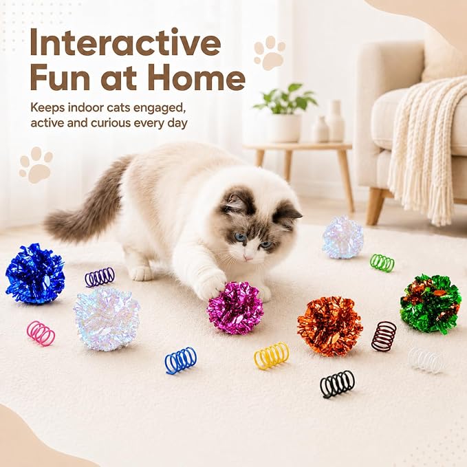 Cat Toys for Indoor Cats, 10 Crinkle Balls & 24 Colorful Springs