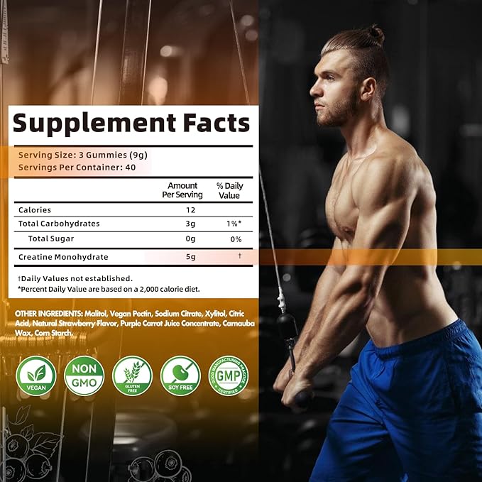 Nutravita Creatine Monohydrate Gummies for Men & Women-5g of Creatine Monohydrate per Serving - Sugar Free,Vegan, Blueberry Flavor, 120 Count