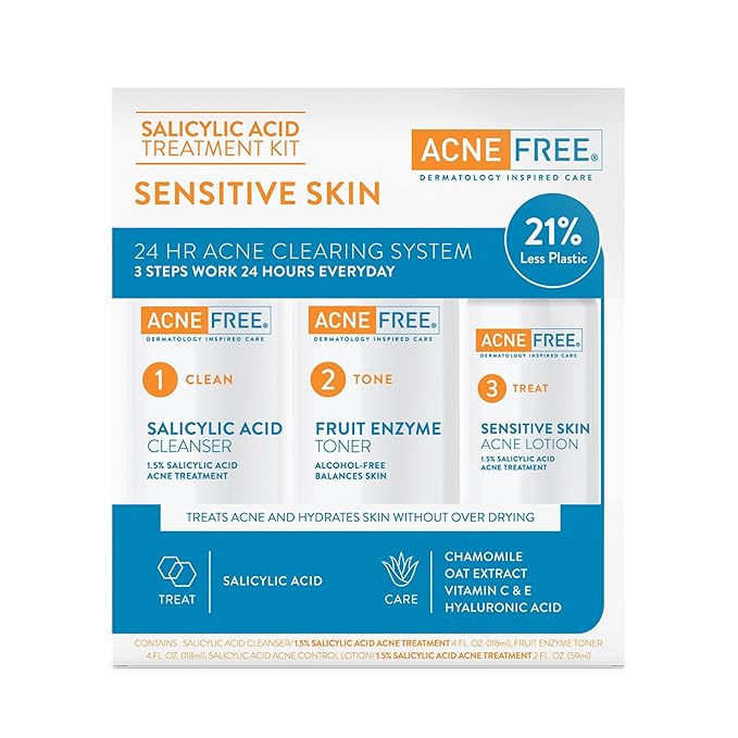 AcneFree 24Hr Acne Clearing System for Sensitive Skin, 3-Step Kit with 1.5% Salicylic Acid – Gentle, Alcohol-Free Cleanser, Toner & Lotion for Acne-Prone Skin, Dermatologist Recommended