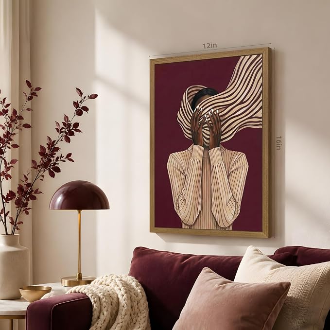 VziizV African American Woman Wall Art, Abstract Modern Portrait Canvas Print, Minimalist Striped Fashion Artwork, Contemporary Black Woman Decor for Living Room Bedroom Wood Framed 16x24 Inch