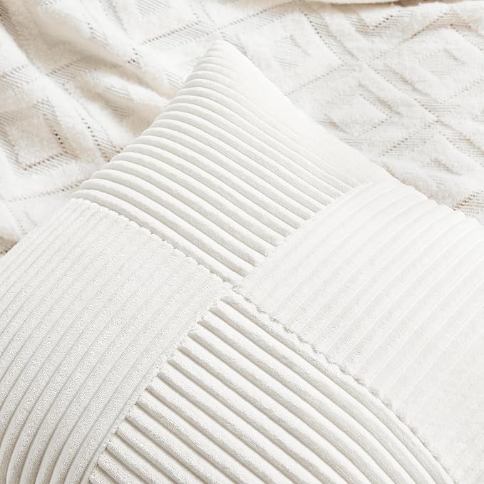 Fancy Homi Cream White Decorative Throw Pillow Covers 22x22 Inch for Living Room Couch Bed, Rustic Farmhouse Boho Home Decor, Soft Corss Corduroy Patchwork Accent Square Cushion Case 55x55 cm