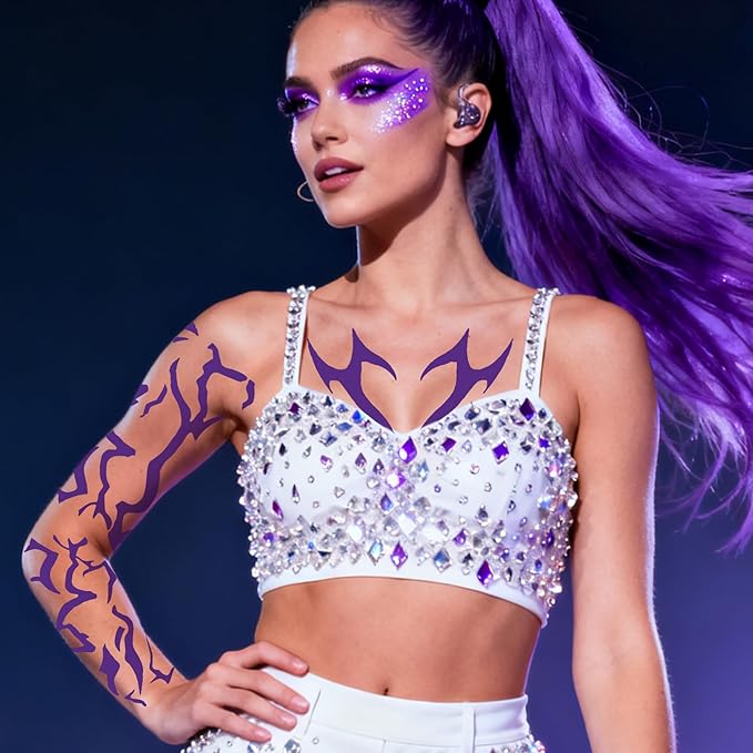 12 Sheets Cosplay Purple Temporary Tattoos，Dance Fake Tattoos Stickers for Cosplay, Halloween, Music Festival, Dance Party Makeup, Fantasy Creature Design, Fantasy Theme Costume Accessories