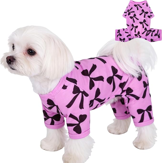 Dog Pajamas Summer Cute Print Puppy Jumpsuit Thin Dog Onesie Small Dog Clothes with Comfy & Elastic Frbic Puppy Pjs(Violet Bowknot, X-Small)