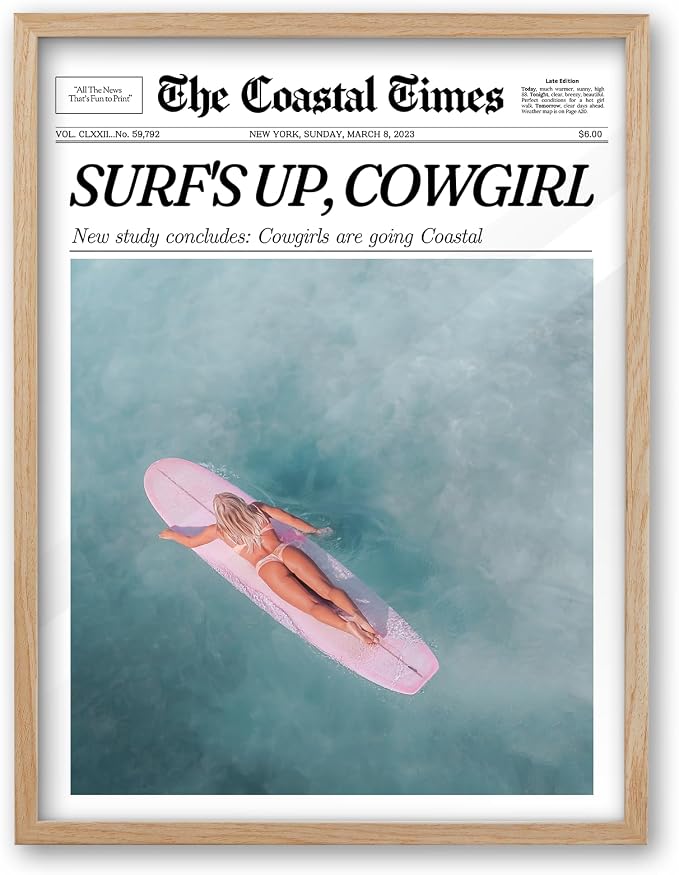 iHery 16x20in Surf’s Up Cowgirl Framed Newspaper Wall Art | Natural OAK Wood Frame with Canvas Print, Coastal Western Decor for Bedroom, Girl Dorm, Living Room and Bar Cart, 1Pack