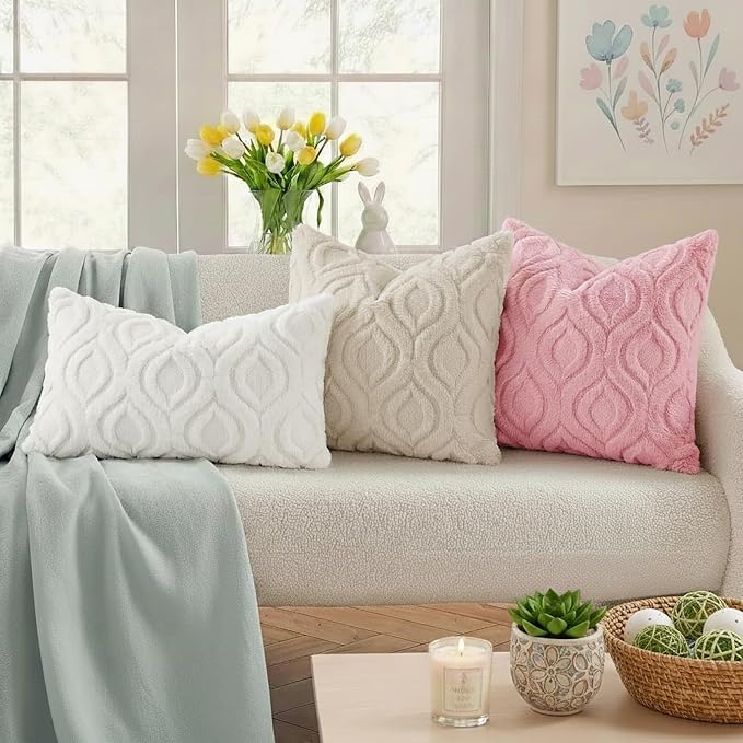 decorUhome Faux Fur Plush Soft Beige Throw Pillow Covers 12x20 Set of 2 | Wool Solid Fall Couch Pillow Covers, Accent Modern Farmhouse Neutral Decorative Square Pillow Cases for Sofa Bed Living Room