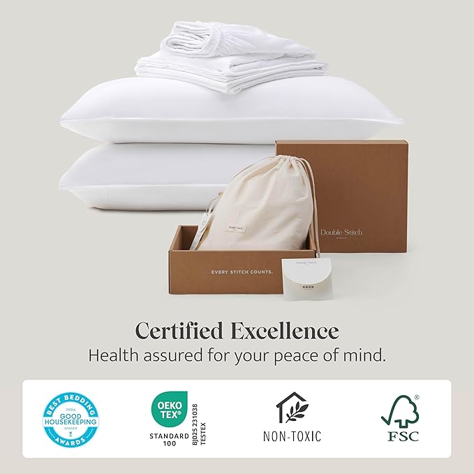 Double Stitch Cotton Tencel Sheet - Bed Sheets Set Queen Size, 4Pc Luxury Hotel Bedding Set, Soft, Cooling & Breathable for Hot Sleepers, Deep Pocket Up to 16 Inches, Bright White