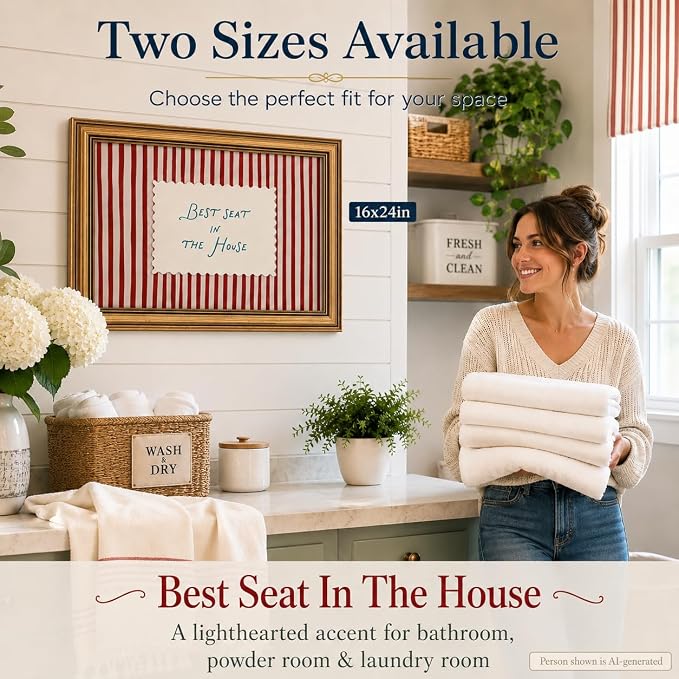 Funny Bathroom Wall Art, Vintage Gold Framed Best Seat in the House, 12x16 | Red striped canvas with Best Seat in the House quote, rustic farmhouse decor for bathroom, living room, bedroom or entryway