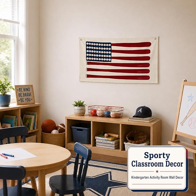 Vintage Sports Baseball Wall Art Decor Canvas Banner | Retro Baseball Wall Decorations for Boys Room Nursery Bedroom Playroom, Base Ball Bat American Flag Banner, 30x20 in