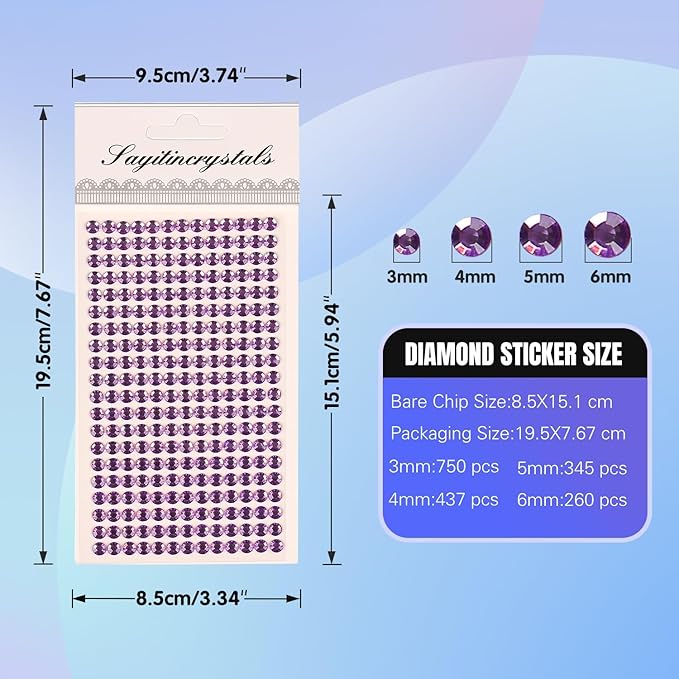 8 Sheets Rhinestone Stickers，3584 Pcs Gem Stickers for DIY Face Eyes Makeup Hair（Purple-3/4/5/6mm）