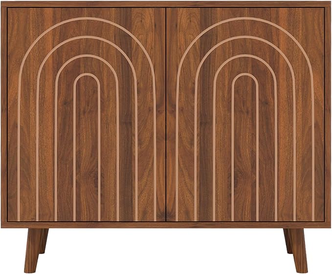 weselon Accent Cabinet with Carving Lines, Modern Buffet Sideboard with Adjustable Shelves, Decorative Storage Cabinets for Bedroom Living Room Kitchen Office and Hallway (Walnut, 1)
