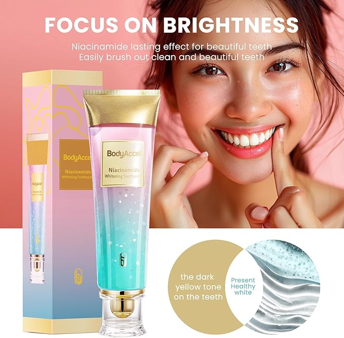 3 Pack Niacinamide Whitening Toothpaste, BodyAccel Triple Whitening Niacinamide Toothpaste, Brightens and Whitens Teeth, Stain Removal Natural Gentle, Fresh Breath