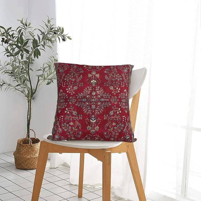 Central Red Persian Silk Rug Print Pillow Covers Decorative Square Throw Pillowcase 18x18 Inch Couch Cushion Cover for Home Decor Living Room Bedroom College Dorm Bed Car Sofa