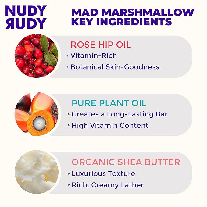Nudy Rudy Mad Marshmallow Soap Bar Puck, Made with Organic Shea Butter and Rose Hip Oil, Triple Milled Bar, No Harsh Ingredients, All Skin Types, 4.2 oz, Made in Australia