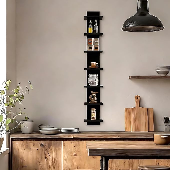 7 Tier Vertical Wall Shelf for Room Decor - Floating Shelves for Wall, Makeup Vanity, Perfect Display Storage for Small Spaces, Black Decorative Shelves