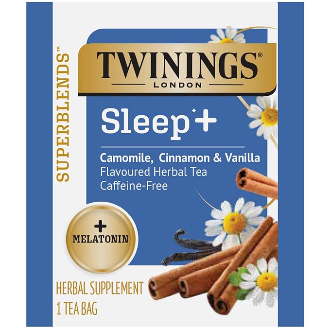 Twinings Bedtime Tea Variety 2-Pack Pure Camomile Teabags and Superblends, Cinnamon & Vanilla + Melatonin Tea, Naturally Caffeine-Free