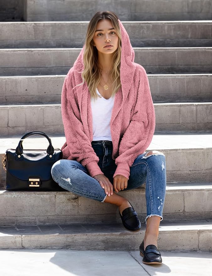 Zilcremo Women Hooded Cardigan Fuzzy Jacket Winter Open Front Fleece Coat Outwear with Pockets
