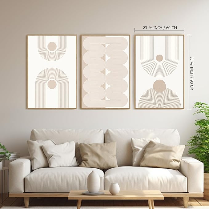 SAFERRYHOME Large Boho Neutral Abstract Beige Modern Wall Art, 24"x36"x3 | Mid Century Neutral Framed Canvas Print Modern Wall Decor,Geometric Line Artwork for Living Room Bedroom Office,Ready to Hang