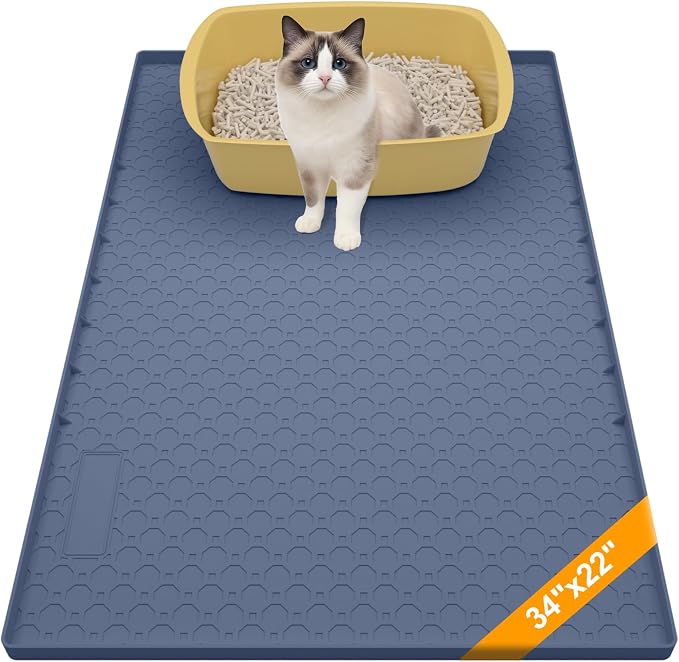 Silicone Large Cat Litter Mat 34" X 22", Cat Mat for Litter Box, Cats Litter Trapping Mat, Non-Slip and Waterproof, Raised Edges, Blue