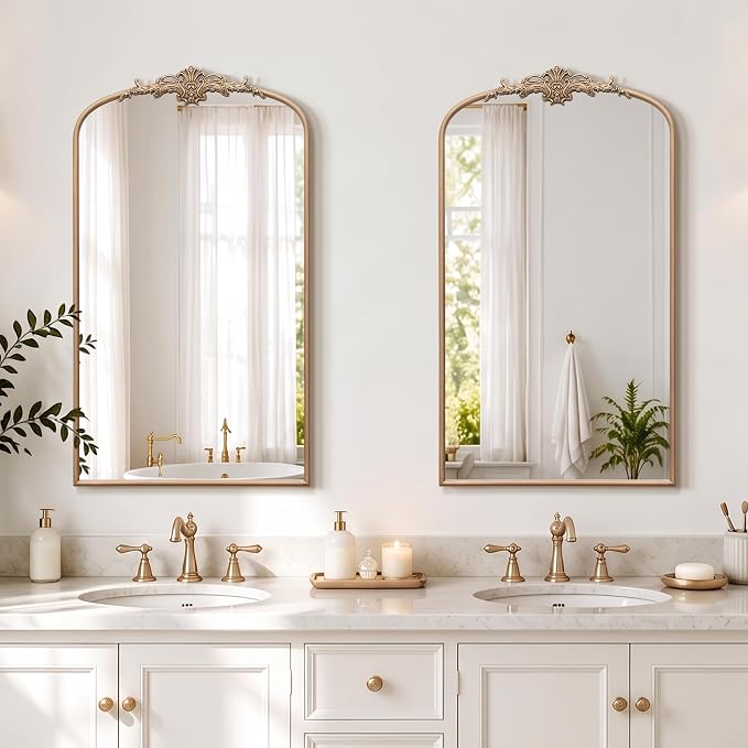 Besdomus Vintage Large Wall Mirror: 24"x42" French Gold Arch Vanity Mirrors | Champagne Baroque Antique Decorative - Traditional Ornate for Hallway/Fireplace/Over Sink - Ideal for Bathroom Remodeling