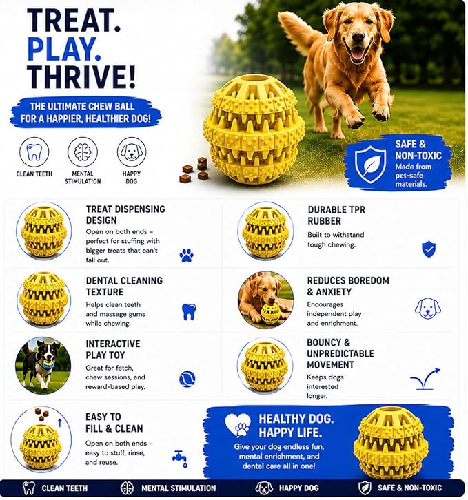 Rubber Dog Chew Toy Ball, Blue and Yellow, Bite-Resistant, Interactive Teeth Cleaning, Hidden Food Treat Dispenser for Dogs (Yellow)