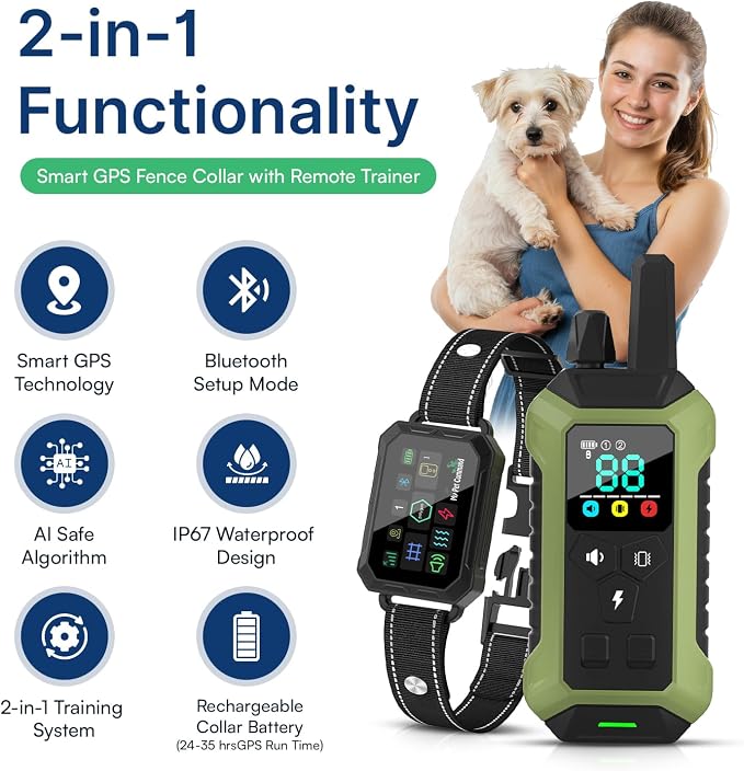 My Pet Command 2-1 Smart Wireless GPS Dog Fence with APP Setup 2 Collar Kit | No Subscriptions, 6-Sided or Circular Fences, Tone, Vibration, Static correction, Waterproof, Rechargeable, Remote Training