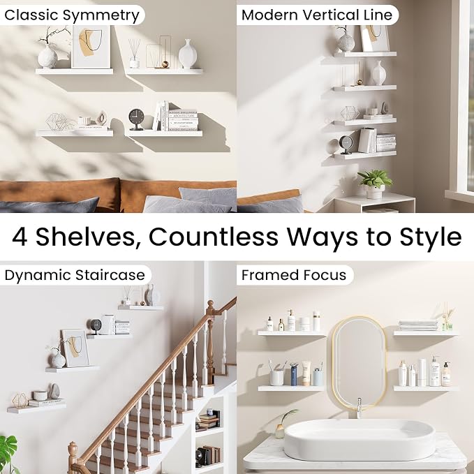 BAYKA White Floating Shelves 15.7in, Set of 4, Wall Mount Rustic Wood Shelf | Easy Install, 22lbs Max Load, Hidden Bracket, Hanging Shelf for Books/Storage/Room Decor, Multi-Wall Compatible