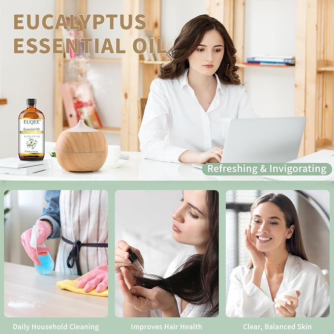 EUQEE Eucalyptus Essential Oil 118ml Pure Eucalyptus Oil with Glass Dropper for Aromatherapy, Diffuser, Soap & Candle Making - 4Fl.Oz