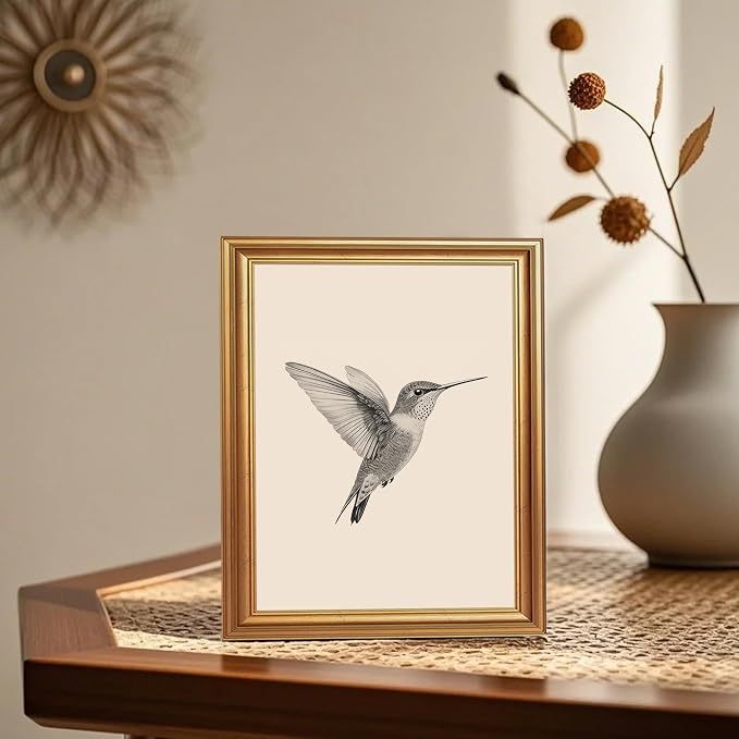 JLTULT Vintage Hummingbird Wall Art, Gold-Tone Framed Canvas, 8 x 10 In | Black-and-white hummingbird art on fade-resistant canvas with a ready-to-hang gold-tone PS frame for bedrooms and offices