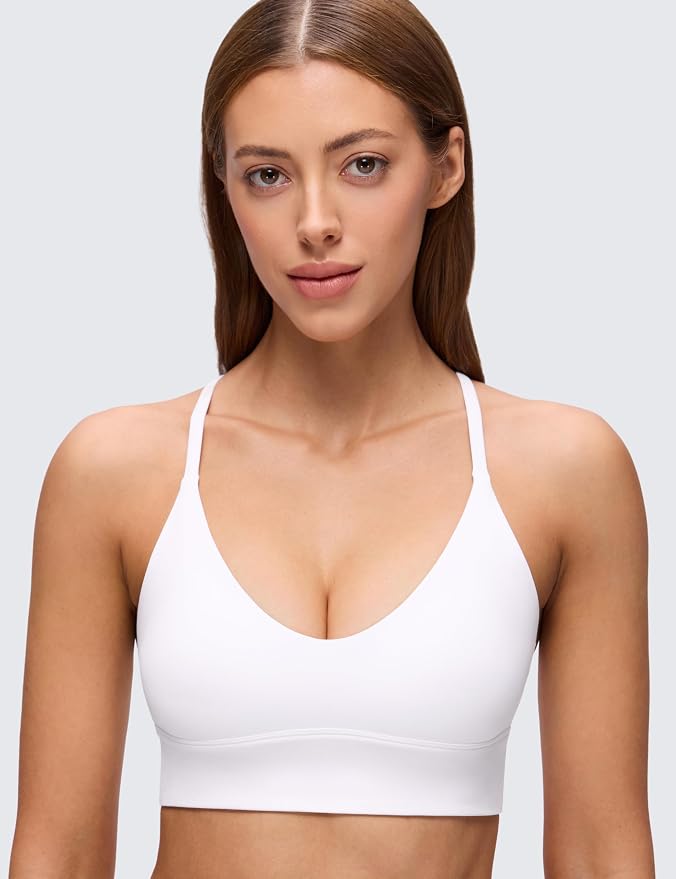 CRZ YOGA Butterluxe Thin Straps Cross Back Longline Sports Bras for Women - Padded V Neck Yoga Crop Top