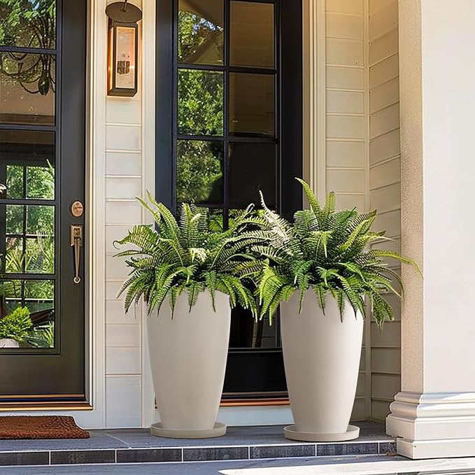LA Jolie Muse Tall White Planters Set of 2,20 Inch Indoor/Outdoor Round Planters with Shelf Inset,Modern Large Planters with Drainage Holes for Front Door,Balcony and Patio Deck | Set of 2, Large Flower Pots with Drainage Holes and Tray, Modern Planter...