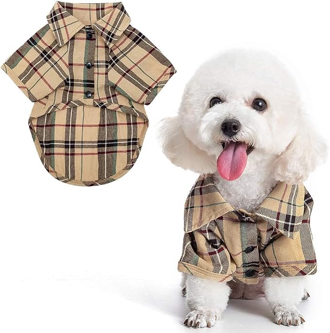 PUPTECK Classic Plaid Dog Shirt, Puppy Polo T-Shirt Clothes, Beige M | Soft Cotton Button Up Dog Clothes for Small Medium Dogs Boy Girl, Fashion Pet Tee, Chic Casual Pet Outfit Apparel