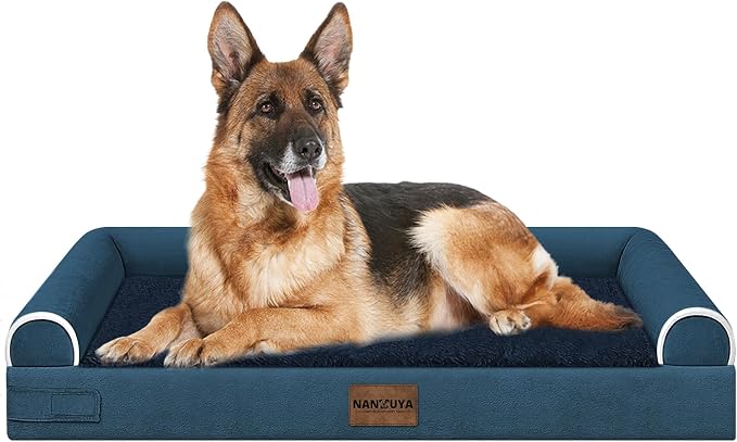 Orthopedic Dog Bed for Jumbo Dogs, 48 x 33 Inch, Navy Blue | Egg crate foam for joint support, 3-sided bolster pet sofa, waterproof lining, washable cover, and non-skid base