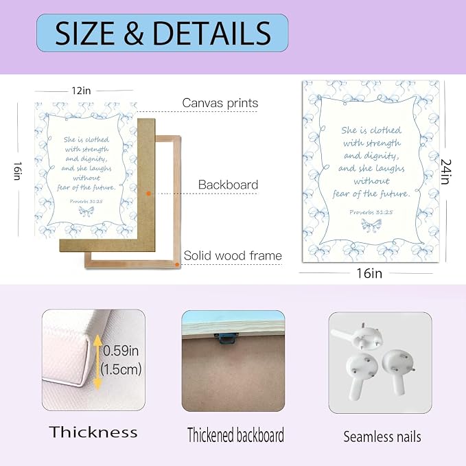 Blue Coquette Room Decor of Bow Pictures Bible Verses Wall Art Decor Set of 3 Preppy Posters Bedroom and Light Bule Bow Dorm Decor Room Decor For Teen Girls 16x24 Inch Framed