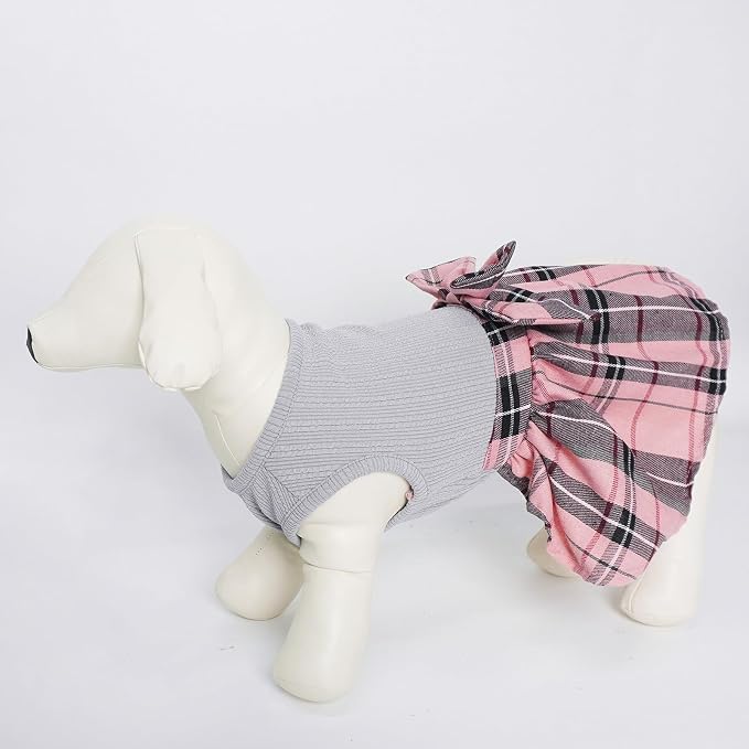 PUPTECK Cute Soft Plaid Dog Dress with Bow Puppy Skirt Clothes, Grey Pink M | Breathable Lightweight Adorable Puppy Doggie Pet Clothes Outfits Apparel Costume for Small Medium Large Dogs Girl