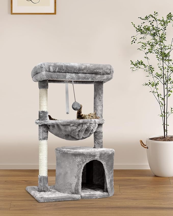 SYANDLVY Small Cat Tree for Indoor Cats, Activity Cat Tower with Scratching Post for Kittens, Modern Cat Furniture with Basket & Hanging Ball for Play Rest, Grey | Activity Cat Tower with Scratching Post, Basket & Hanging Ball for Play Rest, Grey