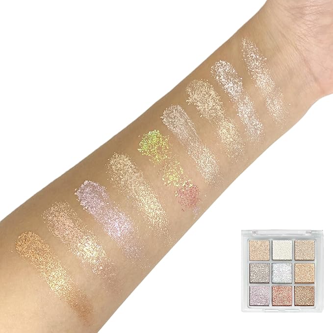 9Colors All Glitter Eyeshadow Palette, Korean Sparkle Neutral Eye Shadow Palettes, Highly Pigmented Long Lasting Waterproof Blendable