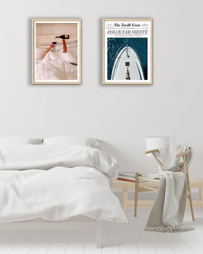 EcoHest 12x16 in Woman Drinking Wine in Bed Framed Wall Art for Bedroom | Natural Oak Wood Frame with Canvas Wall Art, Feminist Wine Wall Decor for Bathroom, Apartment, Dorm, College Room, 1Pack