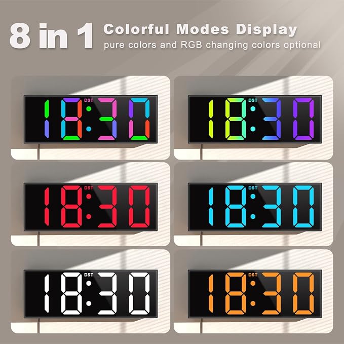 JALL Digital Wall Clock Large Display with Big LED Numbers, Remote Control, 8 RGB Colors, Auto DST, Night Light for Classroom Living Room Bedroom Birthday Gift for Senior (White Font, 12 inches)