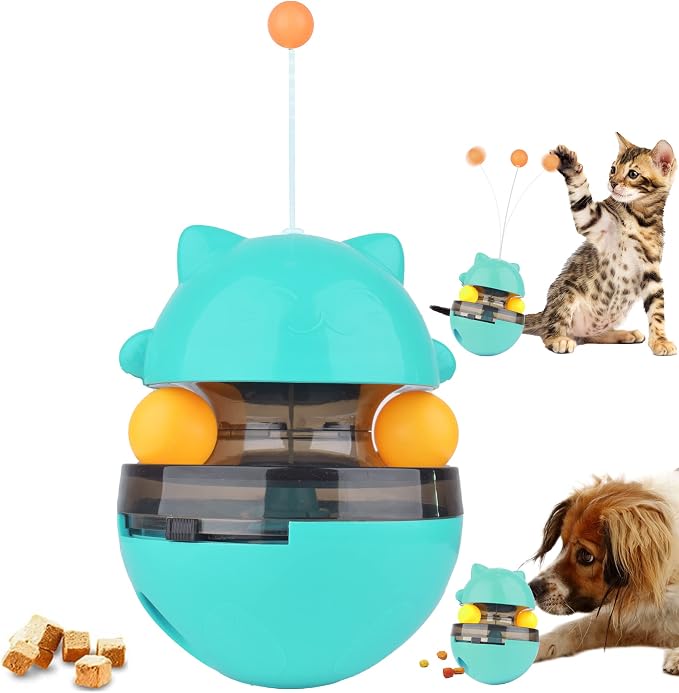 Cat Interactive Toy, Kitty Shape Tumble Food Dispensing Ball, Pet Treat Feeder Leaking Dispenser for Medium Small Dogs Cats (Blue)